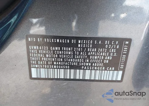 2019 Volkswagen Jetta 1.4T Sel z USA, uszkodzony, nr VIN 3VWE57BU3KM004590